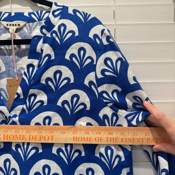 NEW Boden Blue & White Geometric Print Linen Tunic V Neck Dress‎ Sz 12R *No Belt - Picture 11 of 11